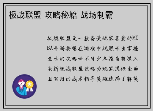 极战联盟 攻略秘籍 战场制霸